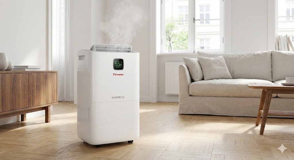 Déshumidificateur blanc compact en fonctionnement dans un salon moderne avec hygromètre affichant 55%