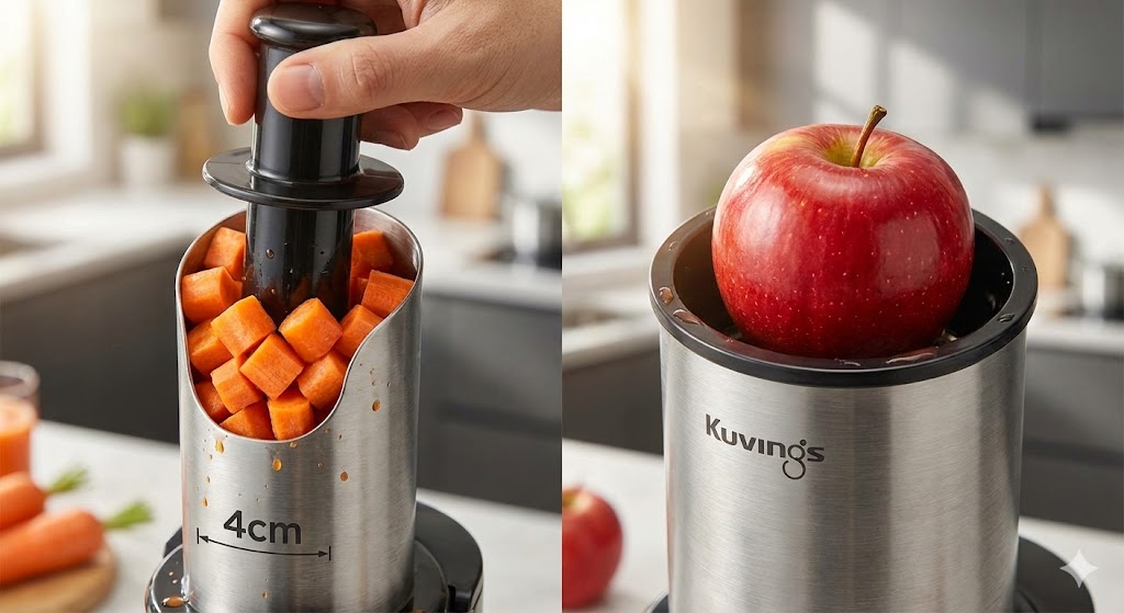 Comparaison visuelle entre une petite goulotte remplie de dés de carottes et une large goulotte avalant une pomme entière