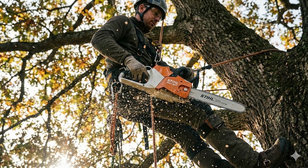 Élagueur professionnel perché dans un arbre coupant une branche avec une tronçonneuse batterie Stihl compacte