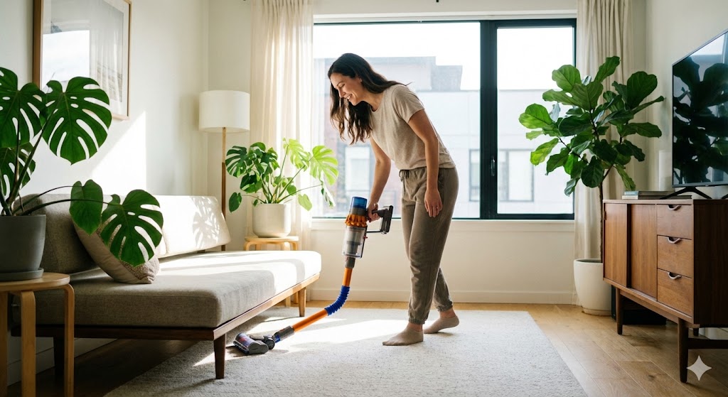 Personne passant l'aspirateur sous un canapé sans se baisser grâce au tube flexible
