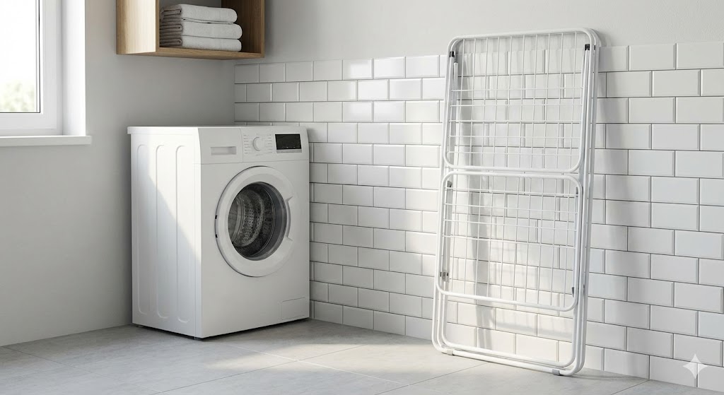 Étendoir tour vertical blanc de 150 cm replié en 10 cm d'épaisseur contre un mur de salle de bain moderne avec lave-linge compact