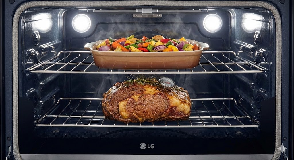 Intérieur four LG avec deux niveaux de cuisson simultanés, rôti et légumes, éclairage interne vif.