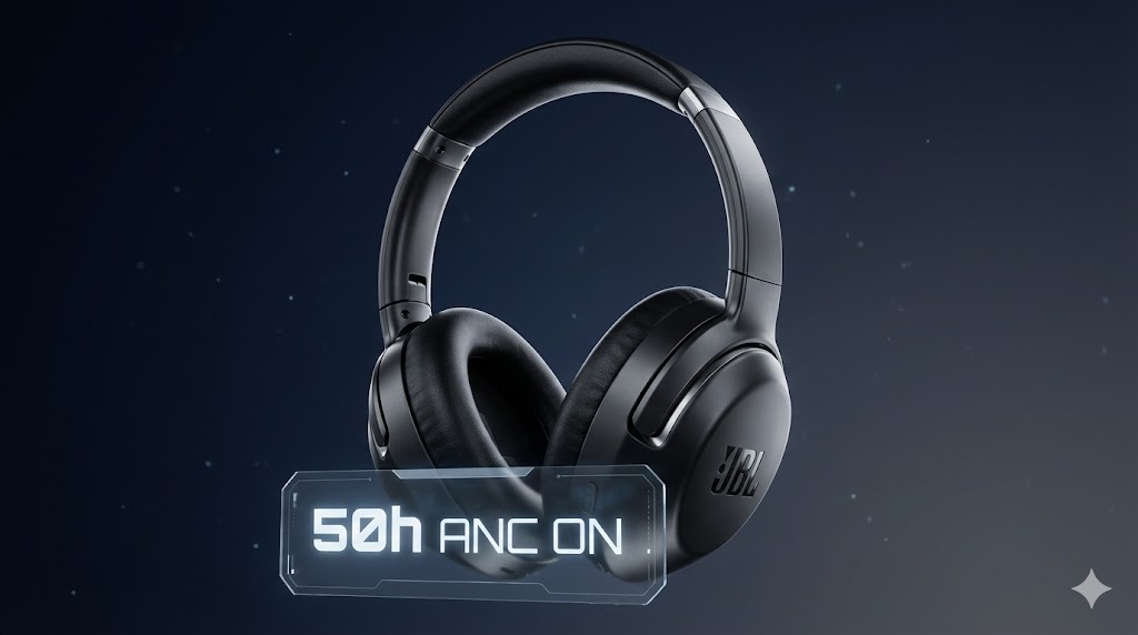 Casque JBL Tour One M3 noir avec écran affichant autonomie de 50 heures d'écoute avec ANC activé