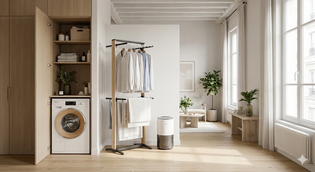 Petit studio moderne avec lave-linge compact et tour de séchage verticale élégante chargée de linge