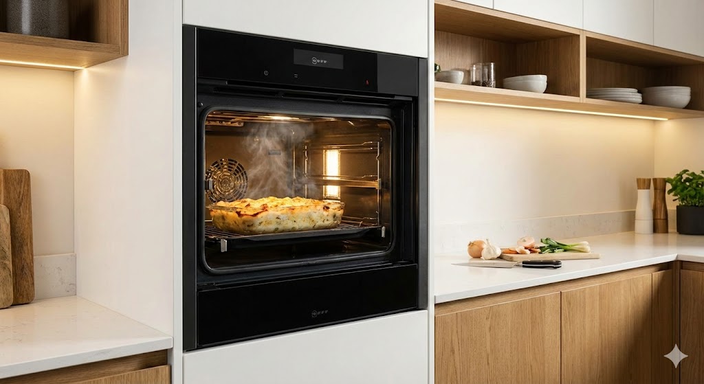 Four vapeur Neff avec porte Slide&Hide glissée sous la cavité, accès frontal dégagé