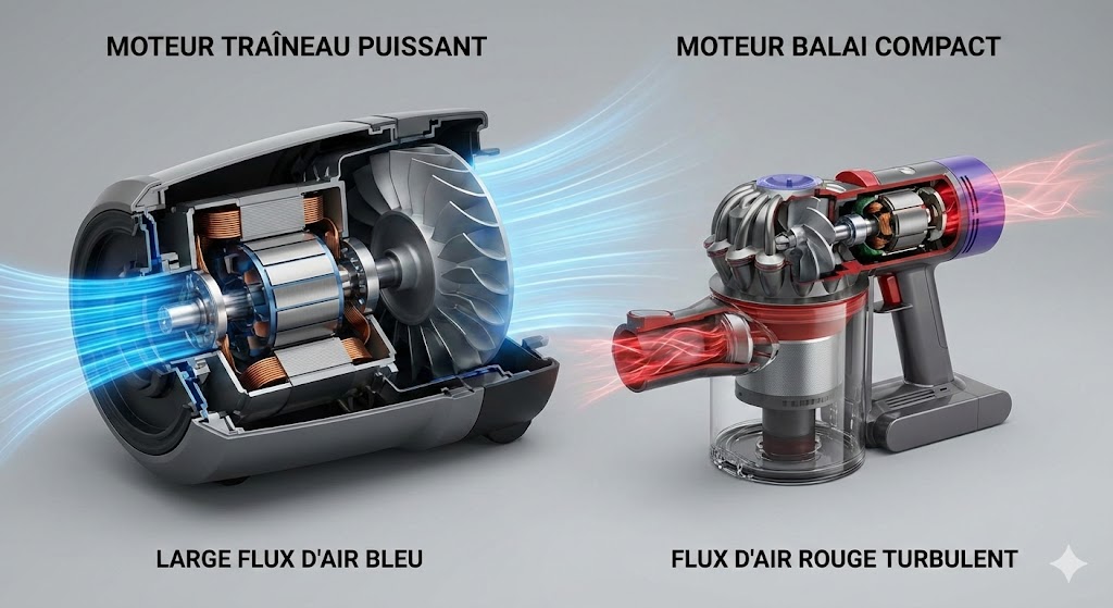 Schéma technique comparatif montrant le flux d'air puissant d'un aspirateur traîneau vs flux bridé d'un balai