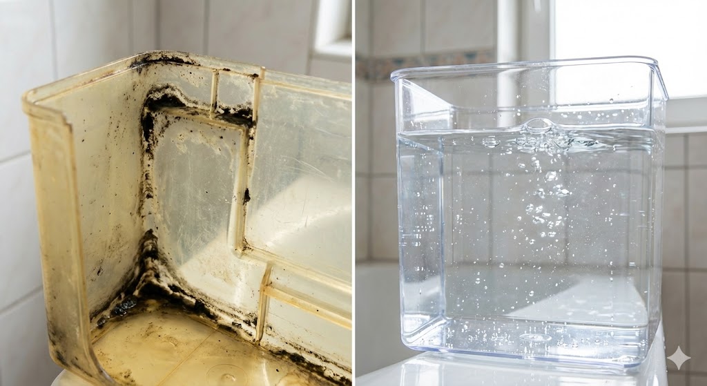 Comparaison avant/après d'un réservoir d'hydropulseur avec dépôt de moisissures vs réservoir propre