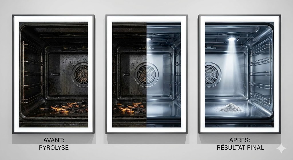 Intérieur de four après cycle pyrolyse, montrant un tas de cendres blanches au bas de la cavité propre.