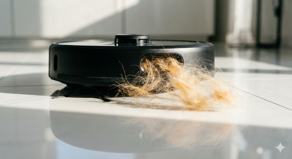 Robot aspirateur rond noir en action sur un carrelage blanc aspirant des poils de Golden Retriever