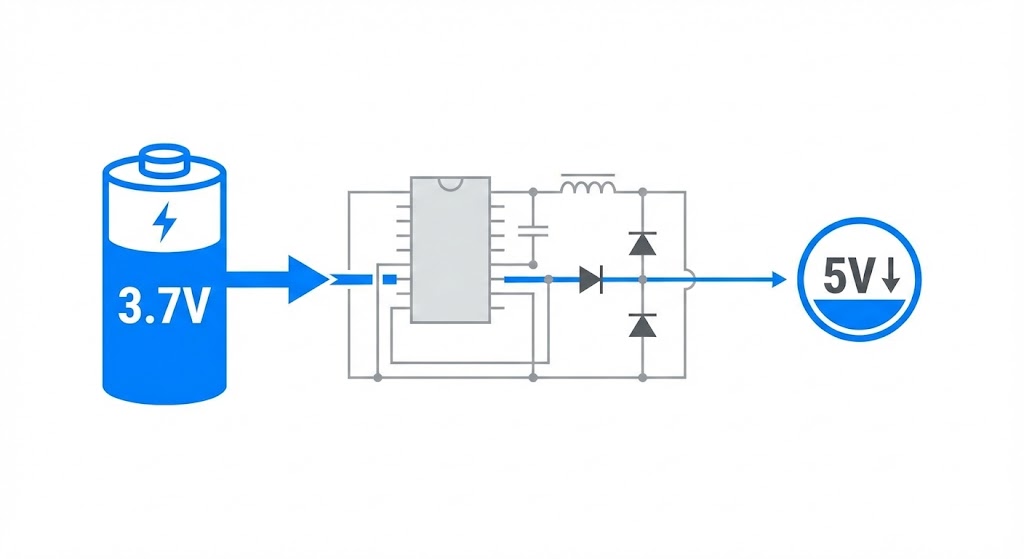 Schéma explicatif montrant la conversion de 3.7V vers 5V avec perte d'énergie