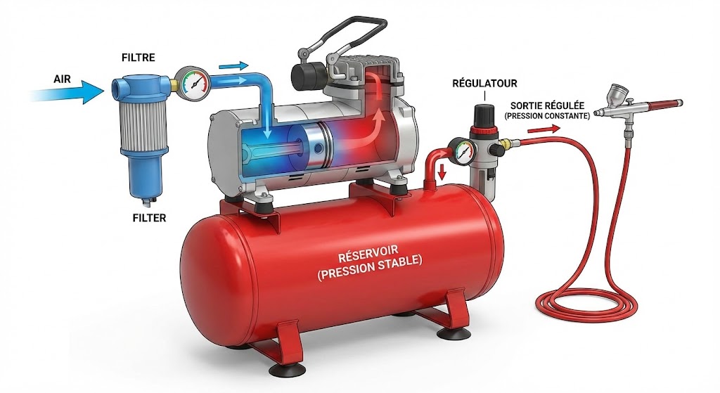 Schéma en coupe montrant l'air comprimé stocké dans la cuve régulant le flux vers l'aérographe