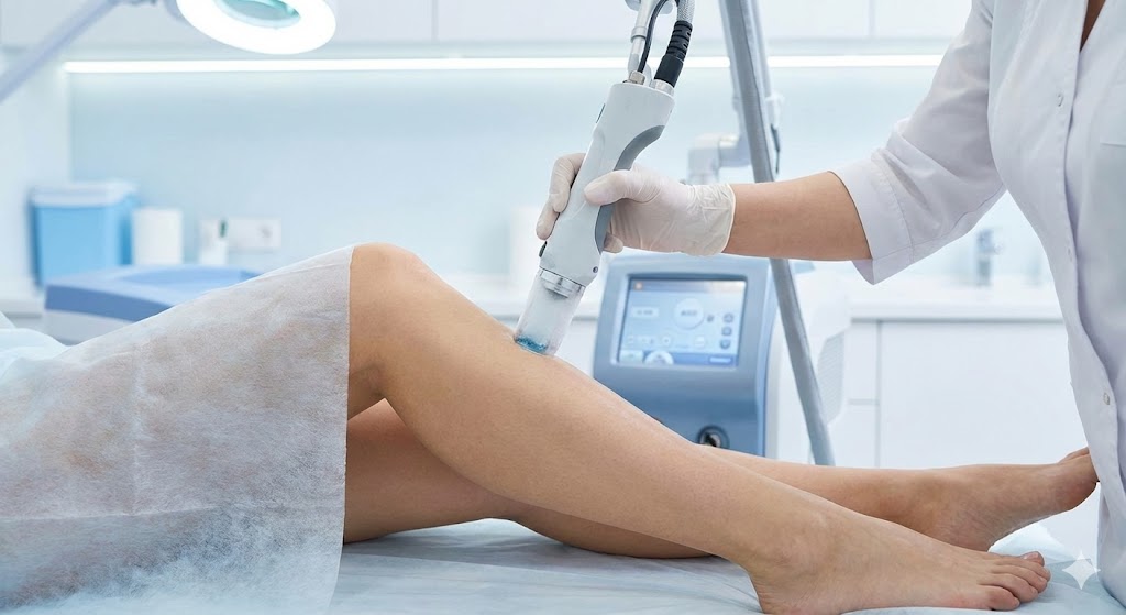 Médecin dermatologue utilisant un laser médical avec embout cryogène sur une patiente