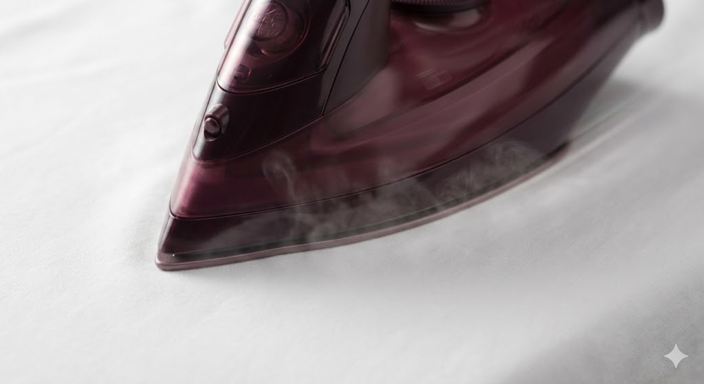 Gros plan sur la semelle d'un fer Calor glissant sur une chemise blanche