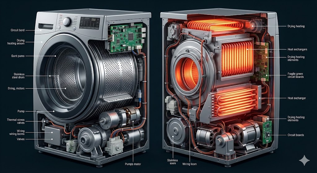 Vue en coupe technique d'un lave-linge séchant montrant la densité extrême des composants et les zones de chaleur rouge