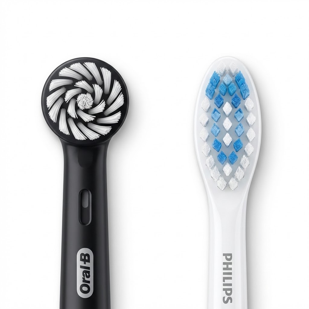 Comparaison tête ronde oscillo-rotative Oral-B iO et tête allongée sonique Philips Sonicare côte à côte