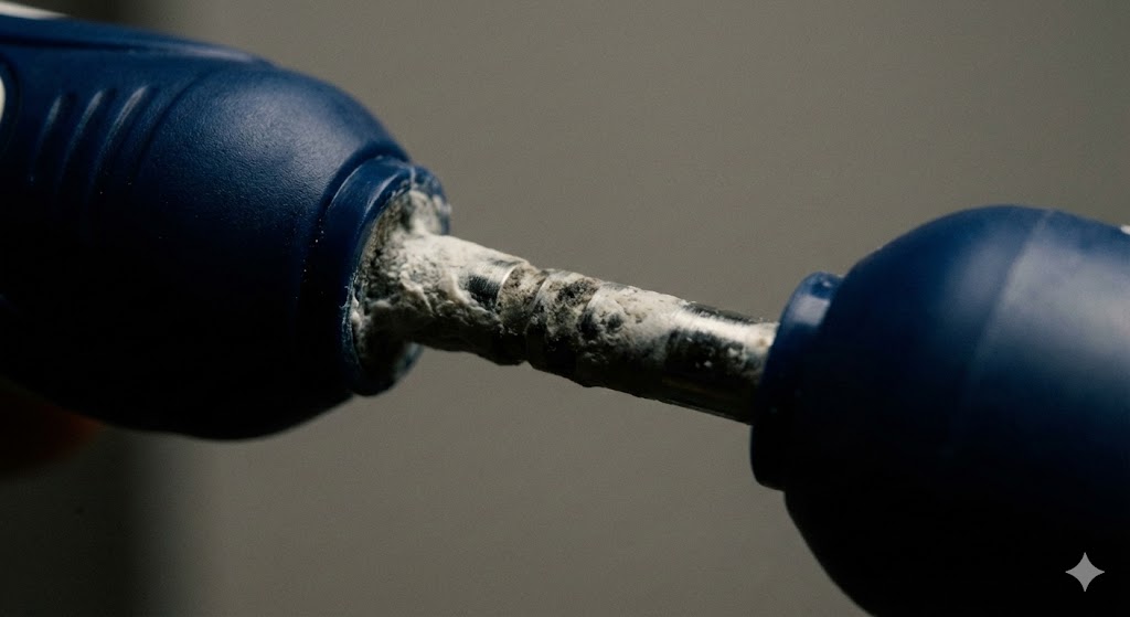 Gros plan sur la jonction tête-manche d'une brosse Oral-B montrant accumulation de dépôts calcaires et résidus