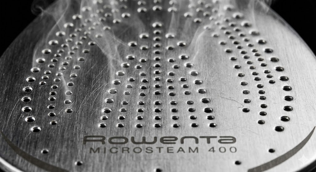 semelle inox d'un fer Rowenta montrant les centaines de micro-trous de vapeur