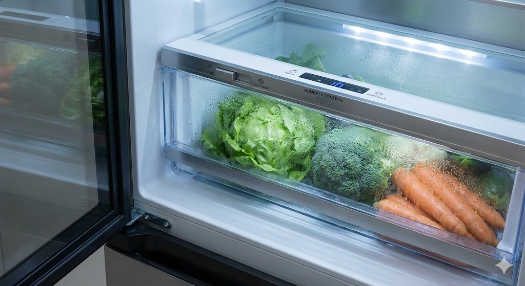 Gros plan sur bac à légumes avec zone fraîcheur et porte vitrée réfrigérateur américain