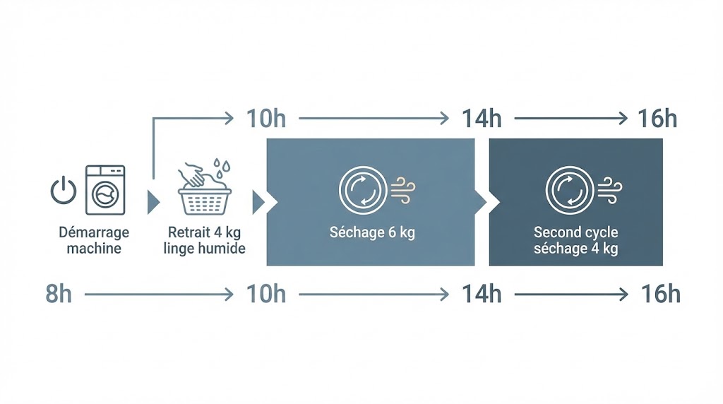 Infographie chronologique montrant les 6 heures nécessaires pour laver et sécher 10 kg de linge avec un lave-linge séchant 2-en-1