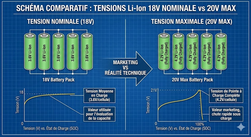Schéma comparatif tensions nominales maximales cellules lithium-ion perceuse 18V 20V