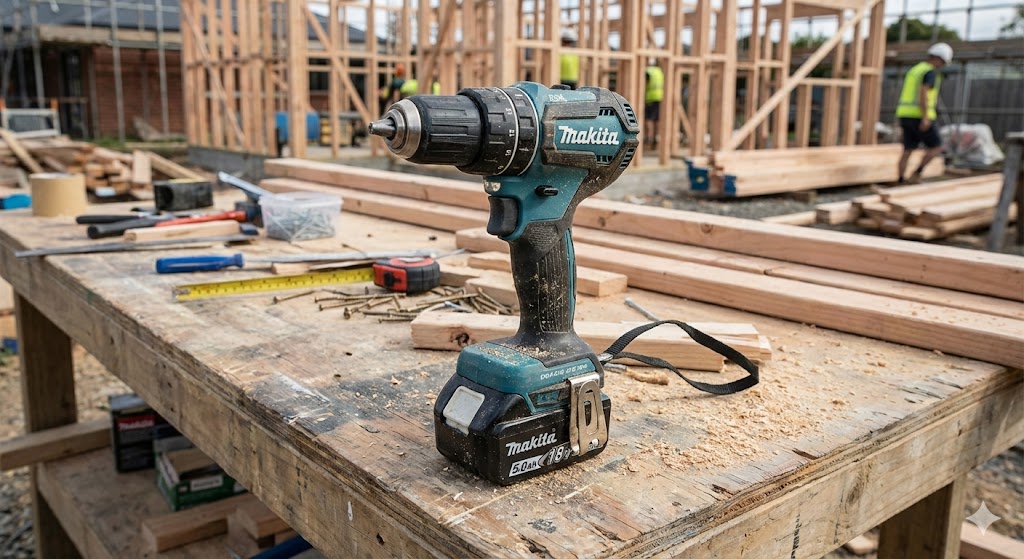 Perceuse visseuse Makita DDF485 18V avec batterie 5Ah sur établi chantier