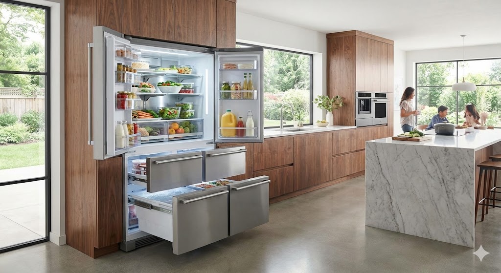 Réfrigérateur américain Multi-portes French Door ouvert montrant la largeur des clayettes