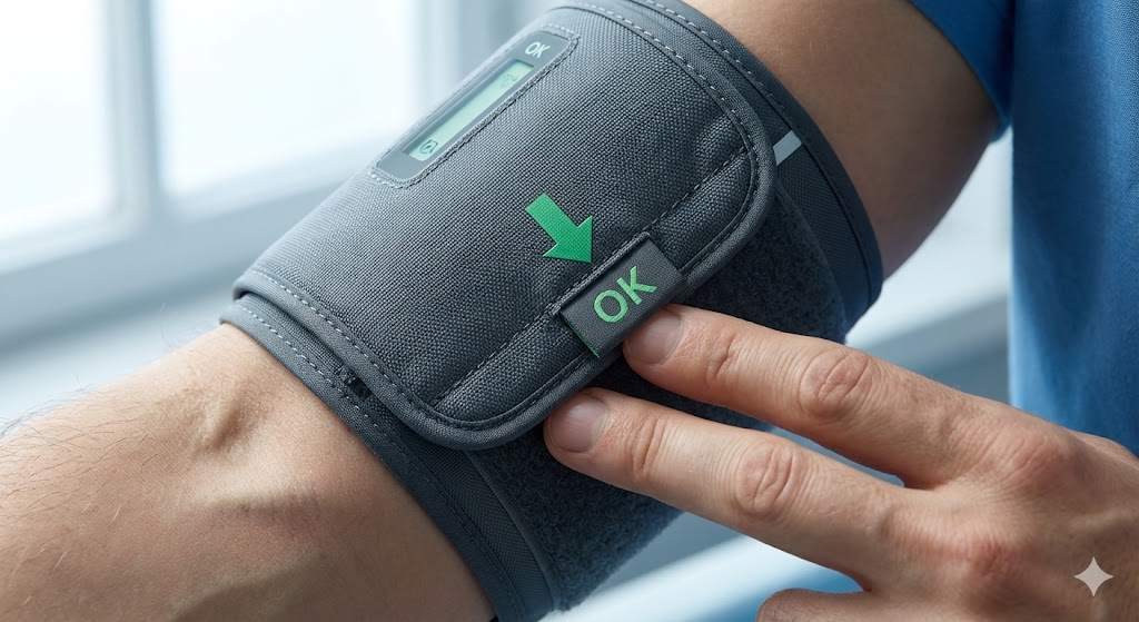 Gros plan sur un brassard de tension bien ajusté sur un bras