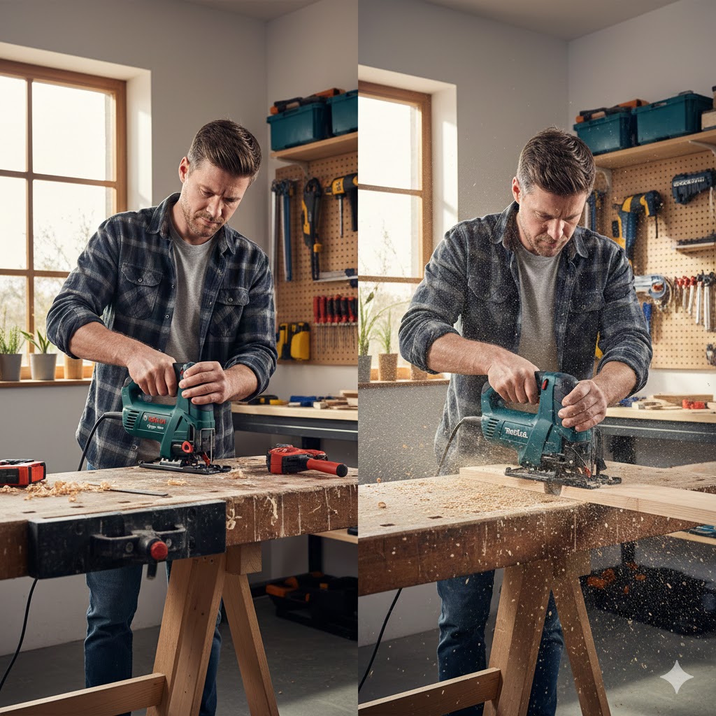 Bricoleur tenant une scie sauteuse légère d'une main sur établi face à une scie sabre tenue à deux mains