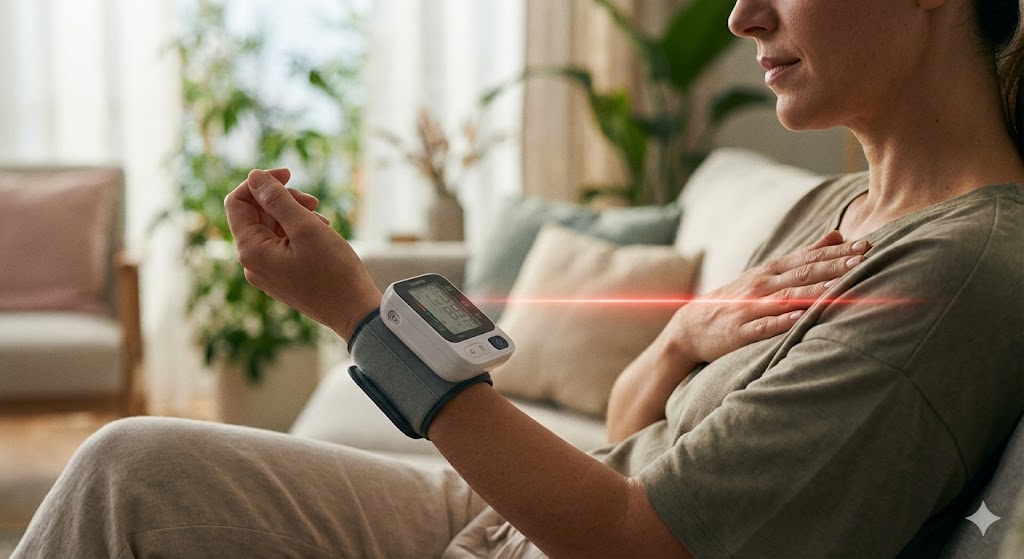 Illustration de la position correcte du tensiomètre poignet à hauteur du cœur