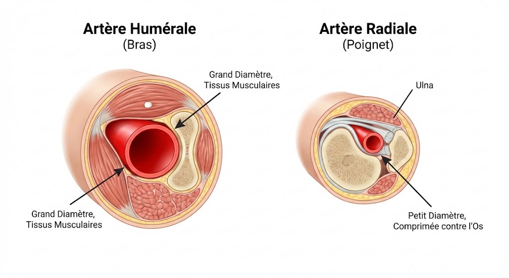 Schéma anatomique comparant la coupe transversale du bras et du poignet pour la prise de tension
