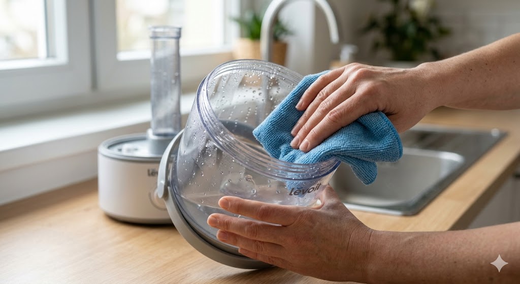 Mains nettoyant délicatement le réservoir d'eau d'un humidificateur ultrasonique