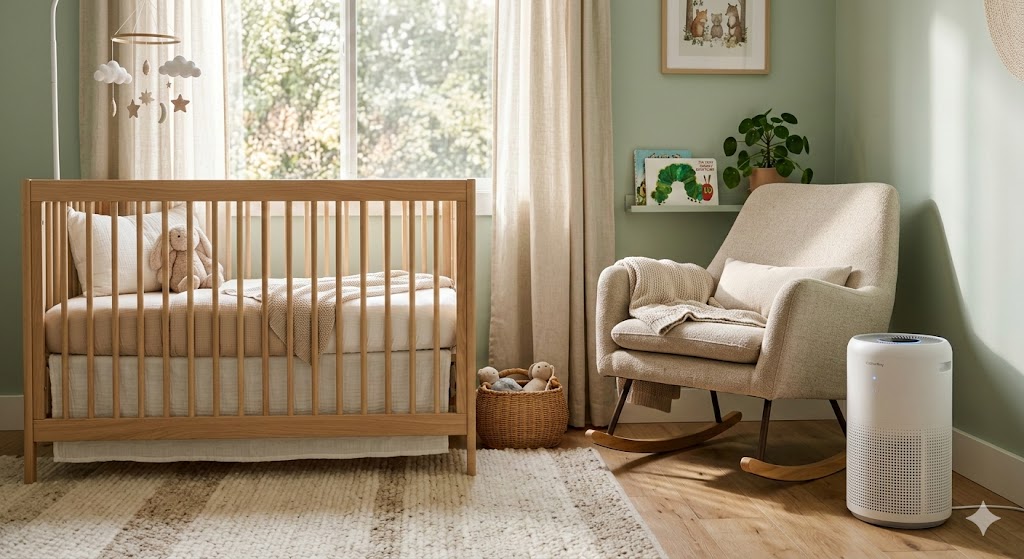 Chambre de bébé lumineuse avec un purificateur d'air blanc près d'un fauteuil