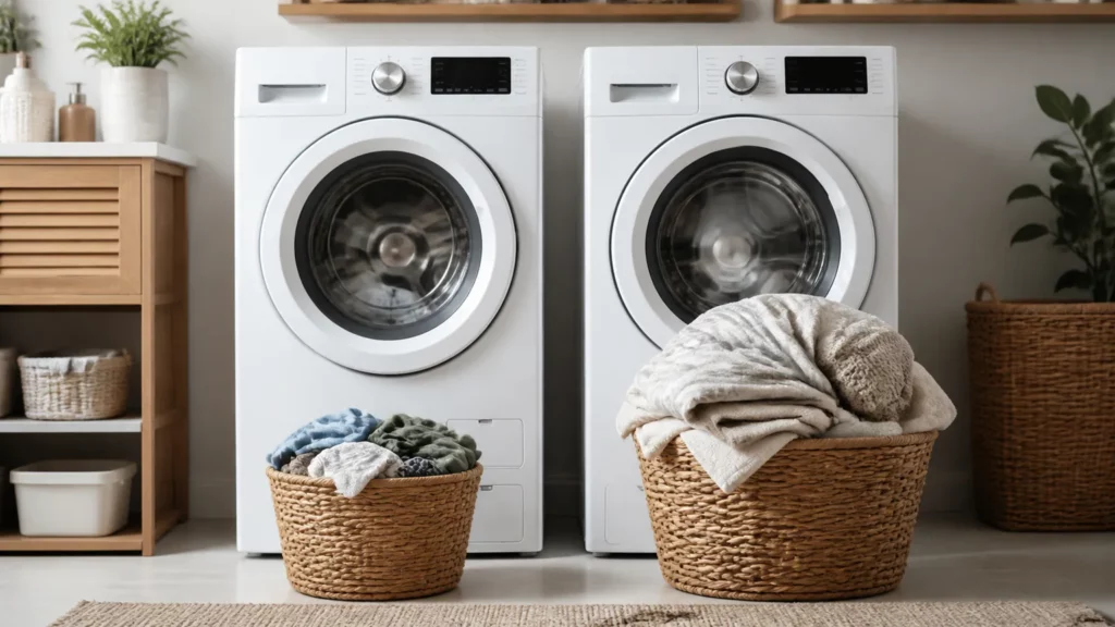 Deux lave-linge accompagnés de paniers correspondant à des volumes de linge différents