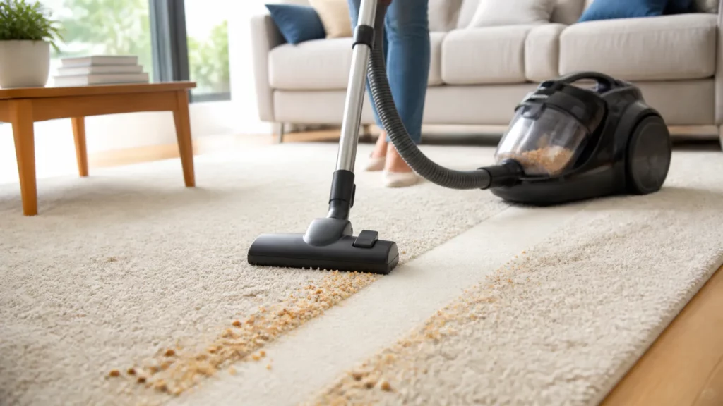 Aspirateur traîneau nettoyant une bande de miettes sur un tapis