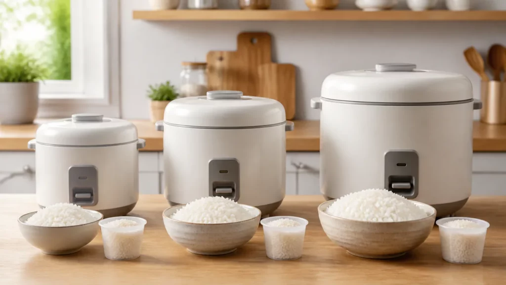 Cuiseurs à riz de trois tailles avec bols et mesures de riz proportionnés